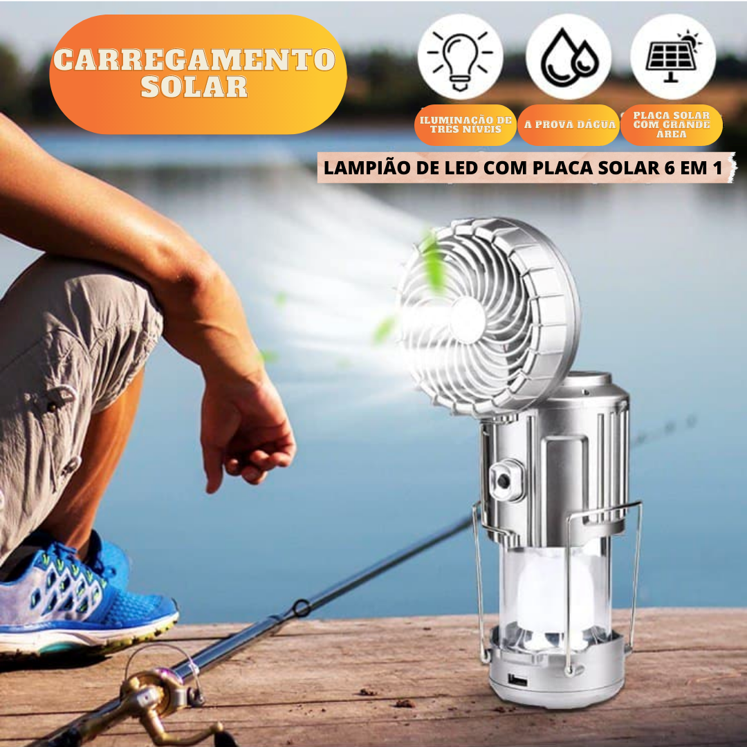 CampingPRO ™ Ventilador, Lâmpada e Banco de Baterias movidos a Energia Solar 6 em 1