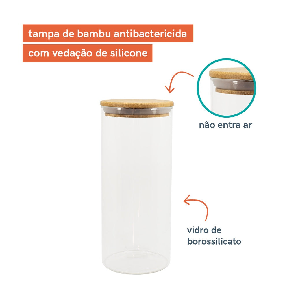 Kit Potes de Vidro de Mantimentos com Tampa de Bambu 11 pçs + 4 de brindes Oikos