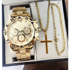 Kit Golde relógio masculino + corrente cruz e pulseira