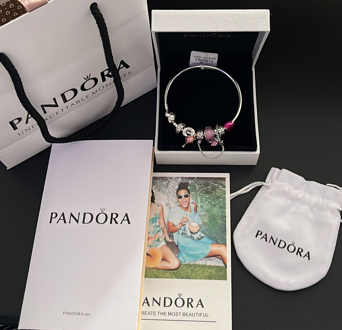 Pulseira Pandora Prata 925 + KIT com 14 Berloques em Prata 925 + Pega Ladrão