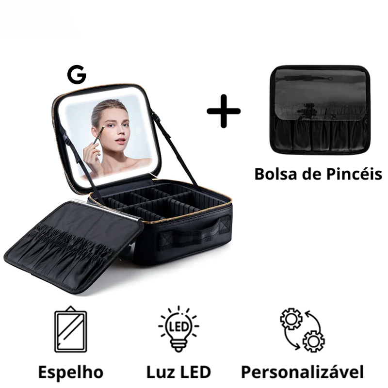 Necessaire de Couro com Espelho LED e Divisões Personalizáveis + Brinde Exclusivo
