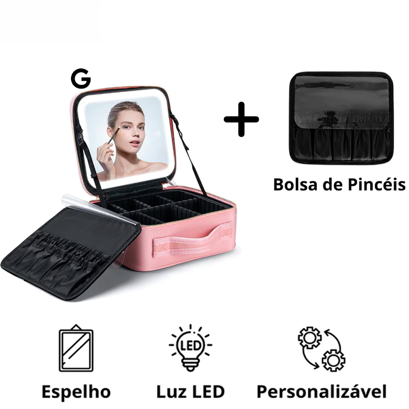 Necessaire de Couro com Espelho LED e Divisões Personalizáveis + Brinde Exclusivo