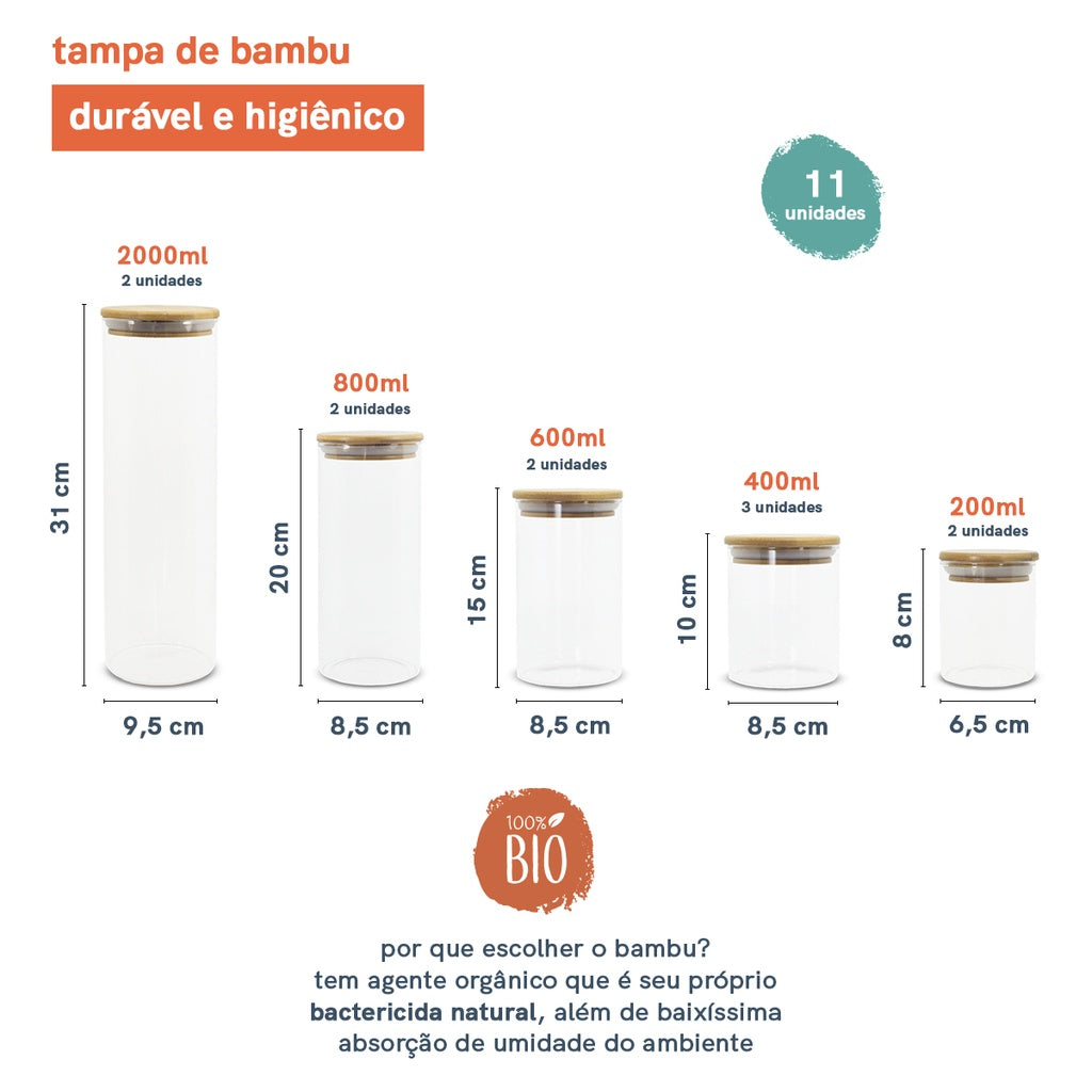 Kit Potes de Vidro de Mantimentos com Tampa de Bambu 11 pçs + 4 de brindes Oikos